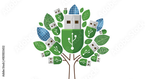 USB Flash Drive Tree Symbolizing Digital Data Growth and Technology, Generative AI.
