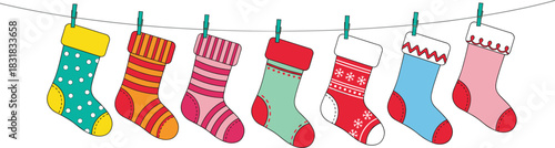 Colorful festive socks hanging on clothesline with cute decorative patterns perfect for holiday winter vector illustration