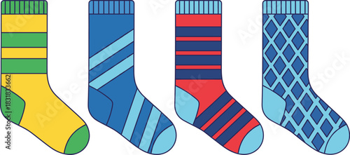 Colorful striped and geometric patterned socks set in clean modern style perfect for fashion design and vector illustration