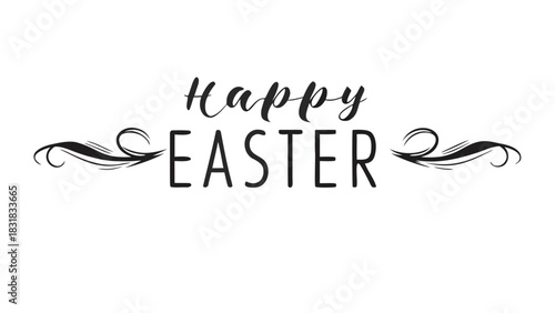Elegant black calligraphy text happy easter with decorative flourish ornaments on a clean white background for holiday greetings and celebrations