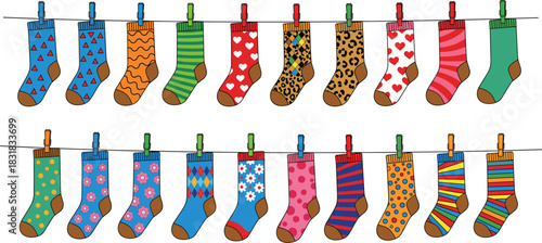Vibrant collection of colorful patterned socks hanging on clothesline with fun decorative designs for kids fashion illustration