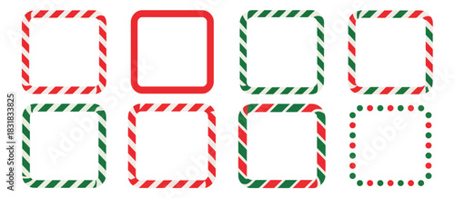 Christmas candy cane stripe border set, red and green square frames designed for holiday cards, festive banners, winter decoration projects,