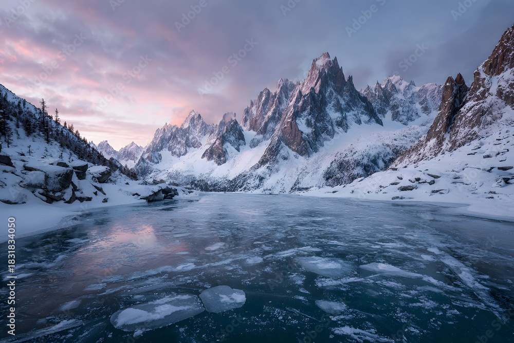 Obraz premium Frozen alpine lake surrounded by jagged snowy peaks