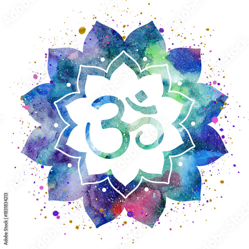 Om symbol painted inside a flower frame or mandala, watercolor cosmic space texture, splashes of paint, colorful bright illustration. Can be used for prints, printing design, home decor design.