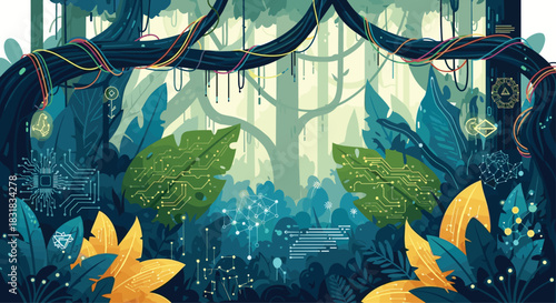 Vibrant jungle foliage with large green and yellow leaves, Generative AI.