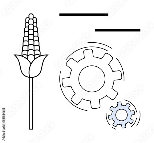 Corn stalk alongside large and small gears in motion. Ideal for agriculture, technology, food production, machinery, sustainability, innovation, process optimization. Simple flat metaphor