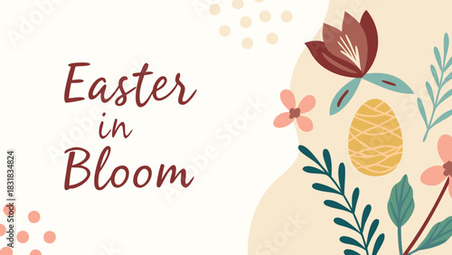 Happy easter in bloom with decorative flowers and a stylized egg on a soft cream background with abstract shapes and dots