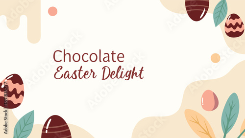 Charming chocolate easter delight with decorative eggs and leaves on a soft cream background