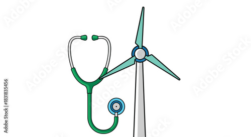 Wind Turbine and Stethoscope Symbolizing Green Energy Health, Generative AI.