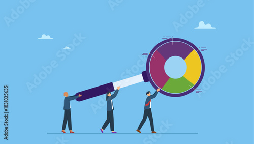 Business people carry magnifying glass analysis. Research analysis, insight information, marketing chart diagram, optimization or analyzing data, intelligence discovery, statistics or examine.