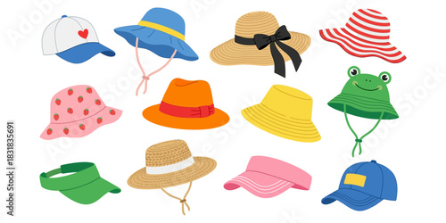 Assortment of colorful cartoon hats including baseball caps bucket hats sun hats and visors some with patterns and drawstrings on a white background collection summer