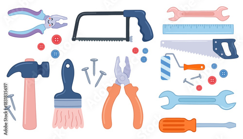 Collection of assorted cartoon tools including pliers hammer paint brush saw wrenches screwdriver roller nails and buttons hardware DIY construction repair set illustration