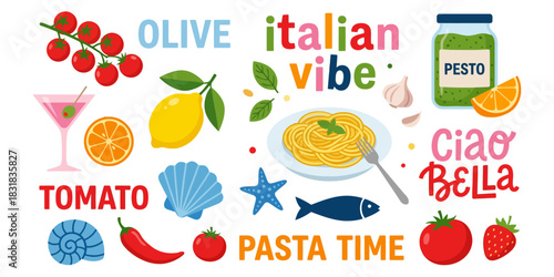Italian food elements including pasta pesto tomatoes lemon orange strawberry chili pepper garlic olives seafood and phrases like Olive Italian Vibe and Ciao Bella