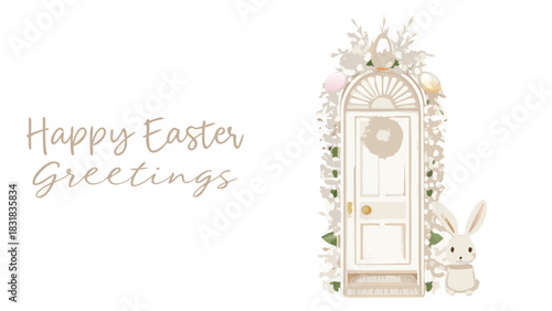 Whimsical watercolor illustration of a charming white door adorned with floral elements and easter eggs accompanied by a cute bunny and the text happy easter greetings