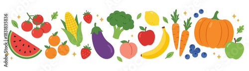 A vibrant collection of fresh fruits and vegetables including watermelon tomatoes corn strawberries eggplant oranges peach broccoli lemon apple banana carrots blueberries and