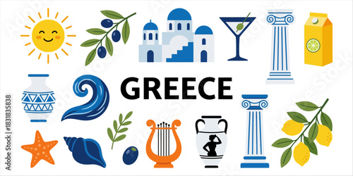 Cheerful cartoon sun olive branch architectural elements ocean wave lyre amphora seashell starfish and lemons illustrating Greece Mediterranean travel vacation symbols