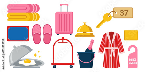 Stacked colorful towels pink slippers a pink suitcase a golden bell a room key with tag '37' a tray with a fried egg a red bell cart a bottle of champagne in a bucket a striped