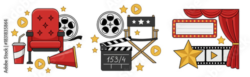 Cinema icons featuring a red theater seat drink cup megaphone film reels clapperboard director's chair marquee and stars on a white background movie entertainment