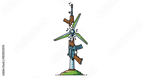 Wind turbine made of guns symbolizing conflict and renewable energy, Generative AI.