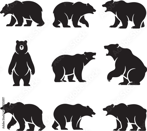 Collection of Black Bear Silhouettes Showing Different Poses and Expressions