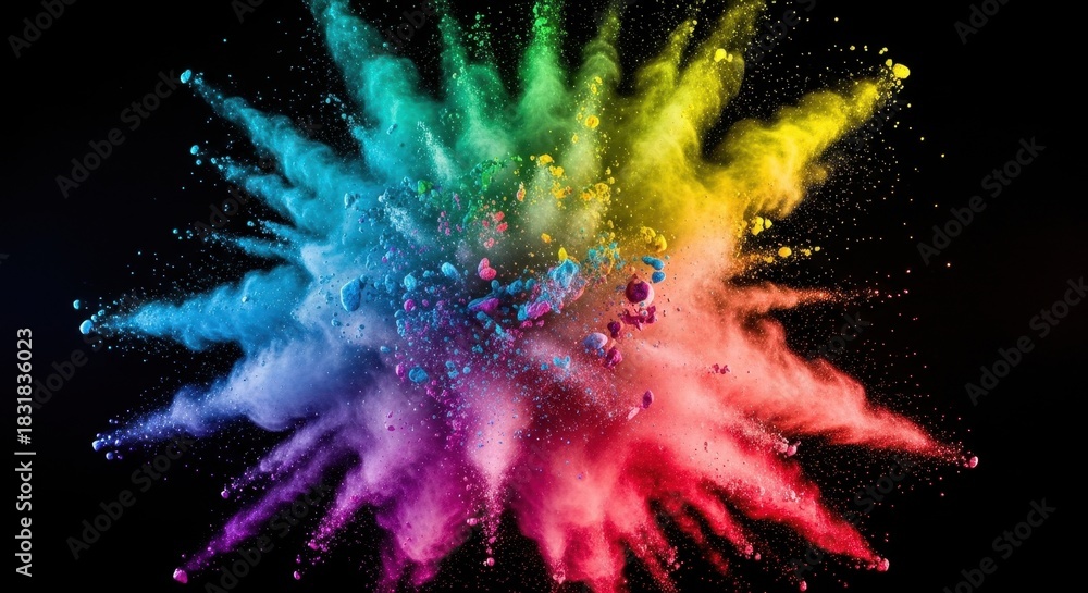 Fototapeta premium Exploding Rainbow Powder Cloud Against Black Background - Vibrant Color Burst.