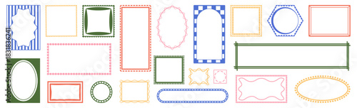 Decorative frames create a diverse graphic collection. Each shape has a unique outline in soft colors. This set fits invitations, labels and creative layouts