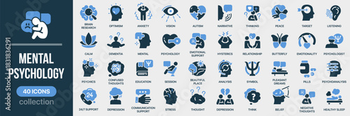 Mental and psychology fill icon collection. Includes therapy, brain, emotions, support, stress, and recovery icons. Created in colored style with blue palette
