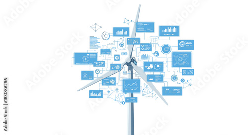 Wind Turbine with Digital Network and Data Flow, Generative AI.