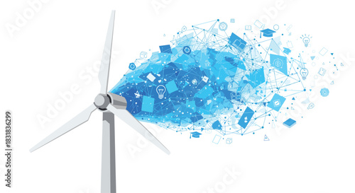Wind turbine generating abstract blue digital particles and data flow, Generative AI.