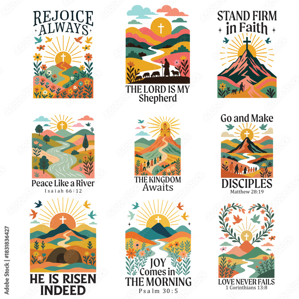 Fototapeta premium Set of Christian Retro Folk Art, Bible Verse shirt, Scripture Quote T-shirt, Retro Vintage Faith Religious illustration 