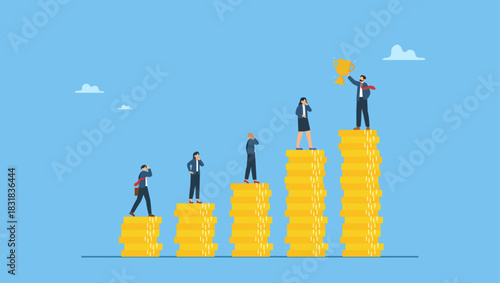 Diverse business people on growing money coins as salary or wages payment. Salary or wages, employee income or career development, job performance pay, equality or motivation to career growth.