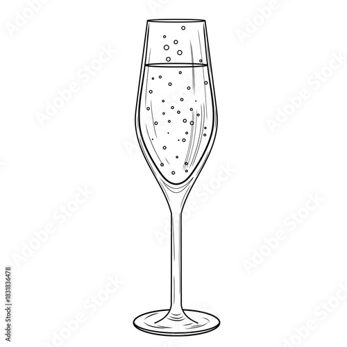 Tall glass with champagne vector illustration in sketch style. Sparkling wine or prosecco black and white image. Old engraving for bar and menu.