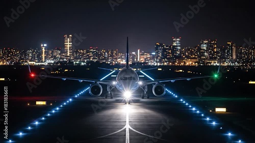 Wallpaper Mural Airplane illuminated at night on runway, with city lights in the distance Torontodigital.ca