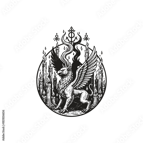 vector illustration of a majestic Griffin or Gryphon surrounded by ritualistic burning candles, set within a circular frame with dark, esoteric symbols above