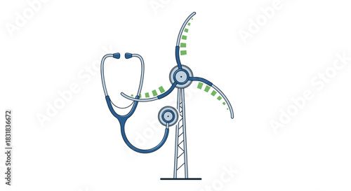 Wind Turbine with Stethoscope Symbolizing Green Healthcare and Sustainability, Generative AI.