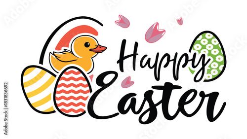 Cute yellow duckling with colorful easter eggs and blooming petals wishing everyone a happy easter celebration
