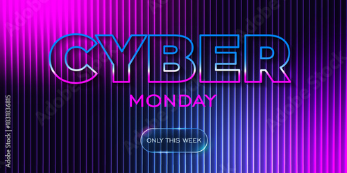Cyber Monday Day Promotions Banner. Gradient blurred background with fractal glass effect, blue, pink, purple shades. Techno design for promotions, holiday sales.