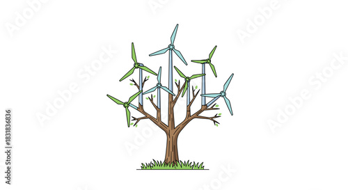 Wind turbines growing from a tree symbolizing renewable energy, Generative AI.