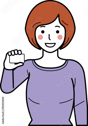 正面向き。カードを持つカットソーの若い女性。