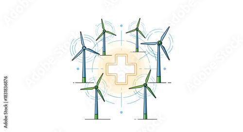 Wind Turbines Generating Clean Energy in a Circular Pattern, Generative AI.