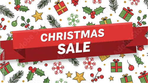 Promotional winter sale illustration with a festive pattern of gifts, snowflakes, and holly berries