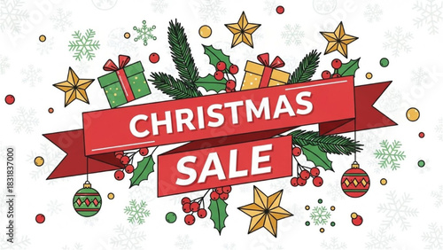 Festive holiday shopping banner with gifts and decorations for winter promotions