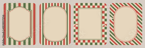 Christmas frame set. holiday card design with red and green stripes, checkerboard, and candy cane borders, vector illustration