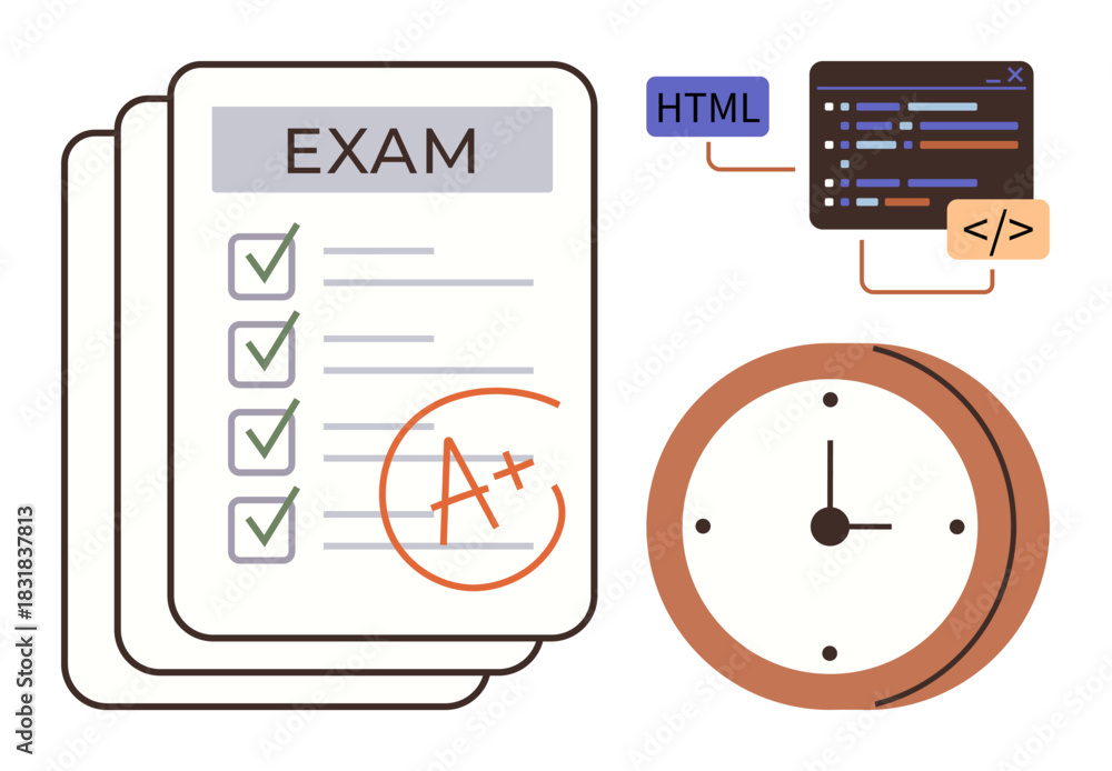 Fototapeta premium Marked exam sheet with check marks and A, clock representing time management, coding snippet in HTML. Ideal for education, learning, coding, deadlines, achievement planning study habits. A simple
