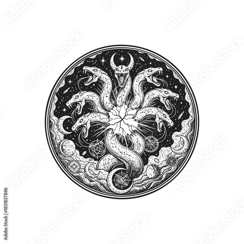 vector illustration of a seven-headed Hydra or serpent monster, centrally placed in a circular frame surrounded by a cosmic sky, moons, and esoteric symbols