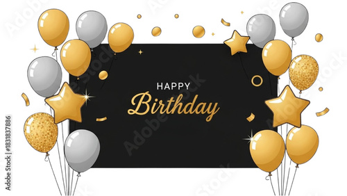 Luxury birthday party invitation design with golden and silver helium balloons and confetti