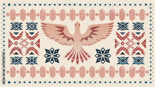 Stunning bohemian rug pattern with a central bird motif and tribal elements, perfect for earthy interior design or unique textile creations