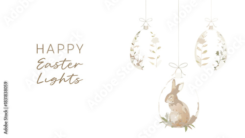 Happy easter lights greeting card with delicate floral easter egg ornaments and a bunny inside an egg