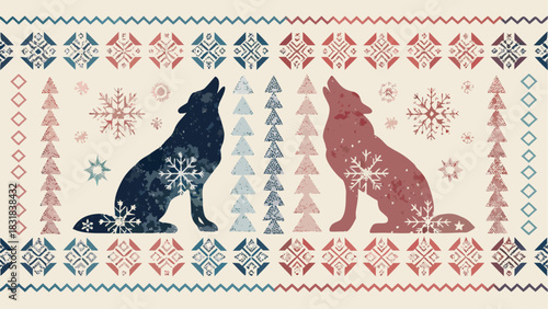 Rustic winter elegance with howling wolves in folk art style, perfect for holiday designs, cozy home decor, and seasonal celebrations, with vector origins