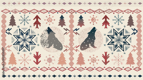 Winter holiday pattern featuring howling wolves, snowflakes, and Christmas trees offering cozy seasonal charm perfect for fabrics, cards, and festive designs